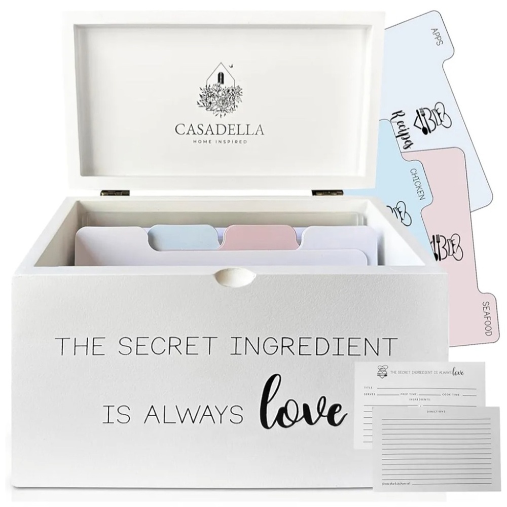 Casadella Wooden Recipe Box with Cards and Dividers